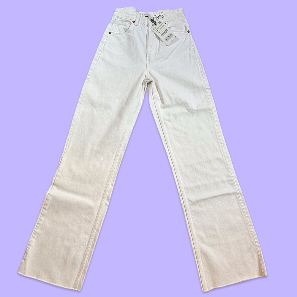 Women's Zara Hi-Rise Full Length Wide Leg White Denim Raw Hem Size 2/34L NWT